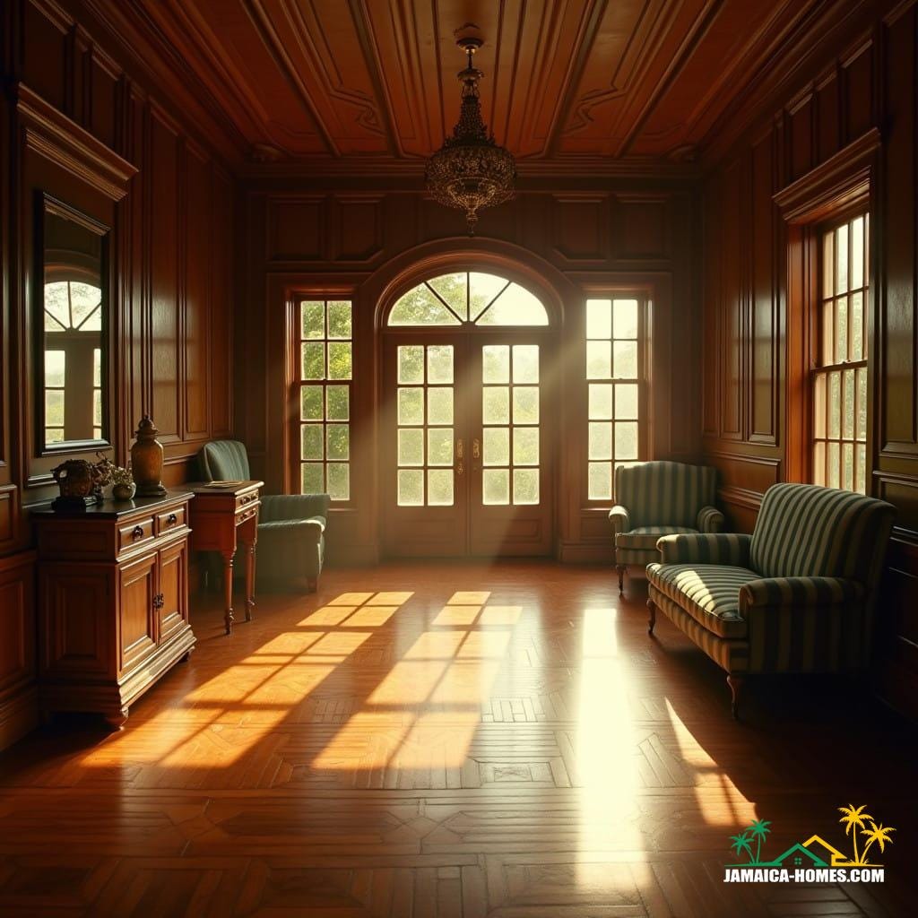 Elegant colonial home in Jamaica, interior showcasing richly polished parkay flooring, warm sunlight spilling through large windows, casting a warm glow on the beautifully crafted woodwork, captured in a cinematic film still, reminiscent of the works of Terrence Malick, shot on the Arri Alexa, with a subtle film grain, slight vignette, and masterful color grading, evoking the nostalgic feel of 35mm film, with live-action elements, and atmospheric lighting, infused with the dramatic flair of a Wes Anderson film, and the epic scope of a Christopher Nolan production, a true masterpiece of cinematic storytelling, with meticulous attention to detail, and a stunning, immersive atmosphere.