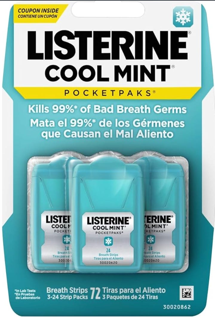 Listerine PocketPaks Breath Strips, Cool Mint, 24-Strip Pack, 3 Pack Breath Freshener, Dissolves Instantly, Kills 99% of Bad Breath Germs, Travel Essentials