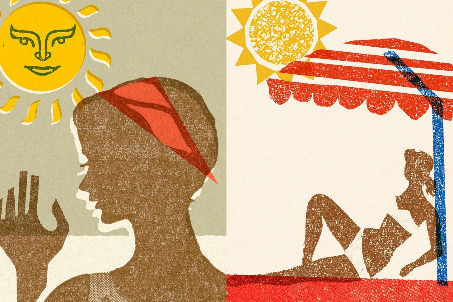 two side-by-side drawings of women and the sun