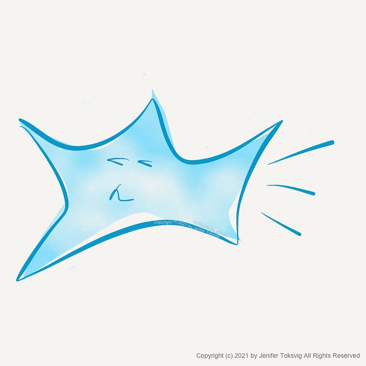 Four different, simple cartoon-style sketches of a blue starfish dancing with a smiley face. In the first image, handwriting in purple ink reads, "Dancing Starfish loves to dance".