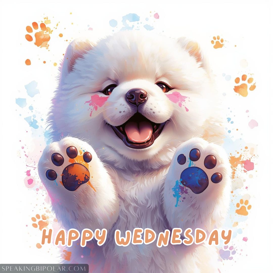 A happy cartoon white chow chow puppy with watercolor paint on his paws and paw prints all around him