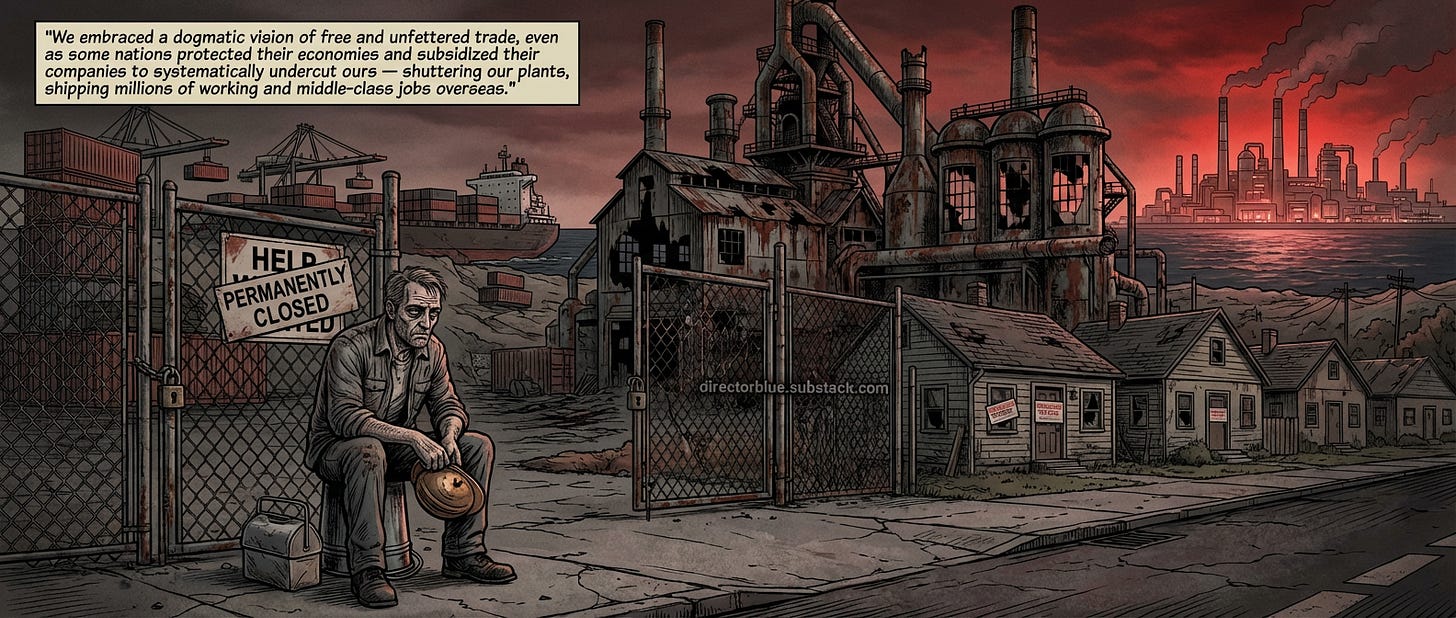Layout Wide cinematic panel with deep perspective Image PromptFrank Miller graphic novel style full color gritty industrial noir aesthetic A vast American and European industrial landscape in ruins  the skeleton of a massive steel mill domin_image_1