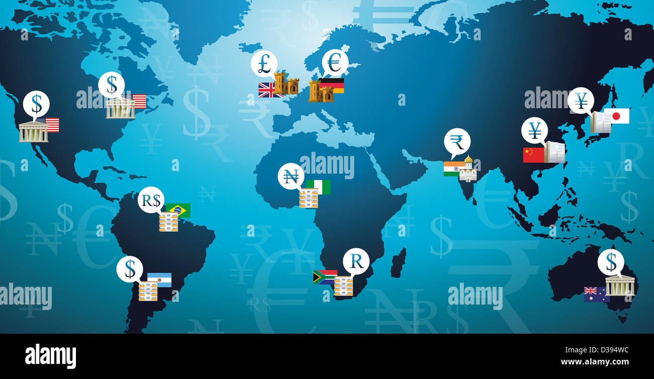 Illustration shot of currency symbols representing countries in a world map  Stock Photo - Alamy