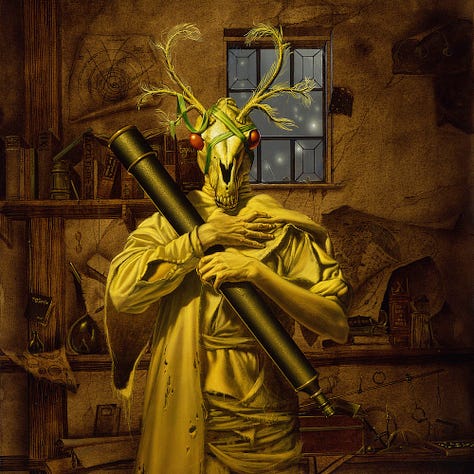 LEFT: Figure detail from BUFFO featuring a man, wearing a horse skull with antler and clasping the long tube of a telescope tightly to him. The antlers have a softened appearance with wispy, featherlike filaments growing from them. CENTER: Close detail from BUFFO featuring a closer look at the horse skull. Despite the antlers, it doesn't look like a deer. A row of incisors are set at the front of the mouth. The opening at the nose is V-shaped, black filling its depth. A green ribbon wraps the skull and drapes over the antlers. Red orbs protrude from the sockets of the skull. RIGHT: Close detail from BUFFO featuring the book shelf in the background. Text on the spines is visible on some including "Dahli" with a stylized letter A curling down on one leg. Another book off to the left reads "Dying Worlds". The artist's sigil, a stylized M and W bound within a circle is hidden low on one of the spines.