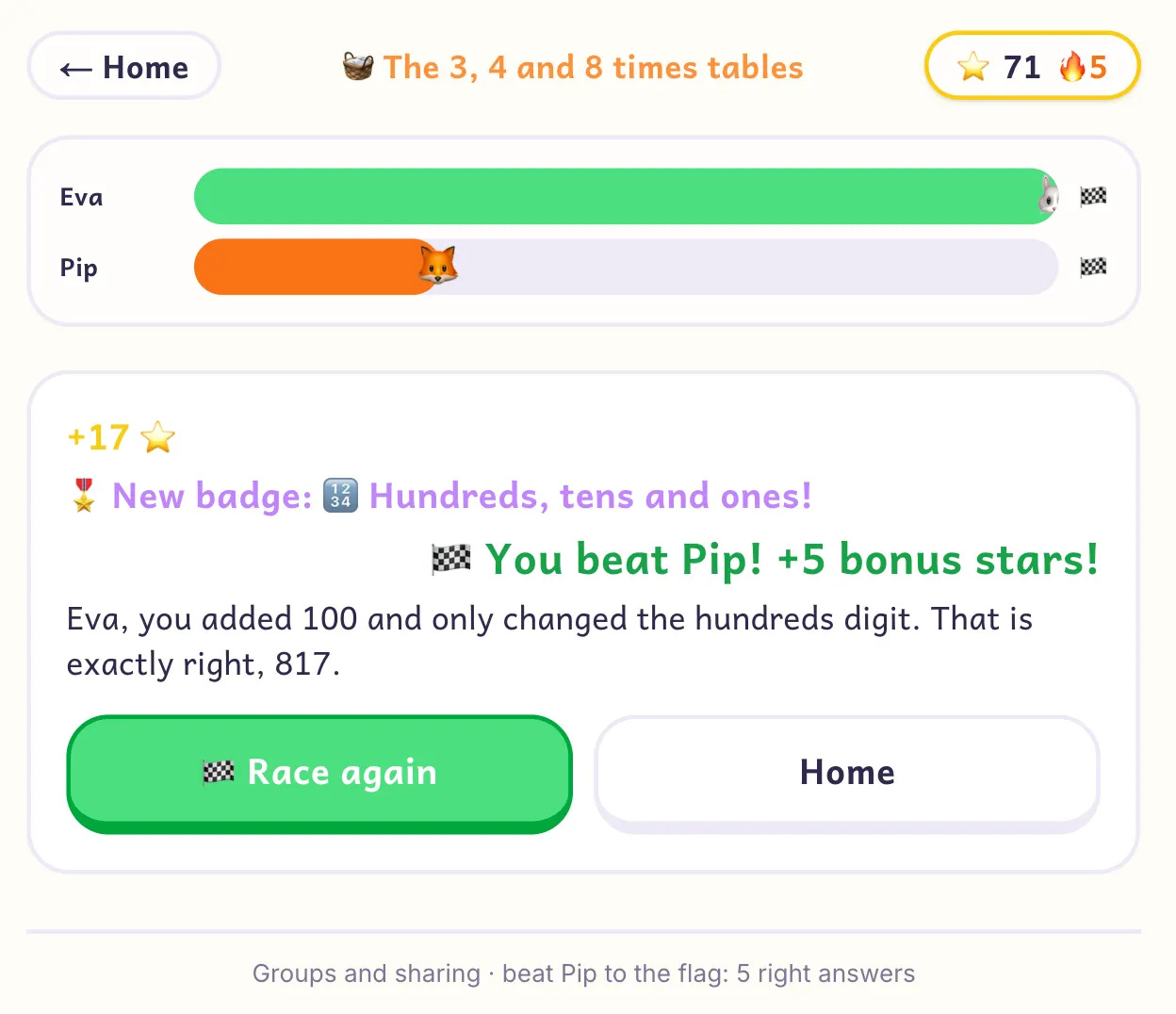 Race victory screen with bonus stars, a new badge, and Pip the fox asking for a rematch Race victory screen with bonus stars, a new badge, and Pip the fox asking for a rematch