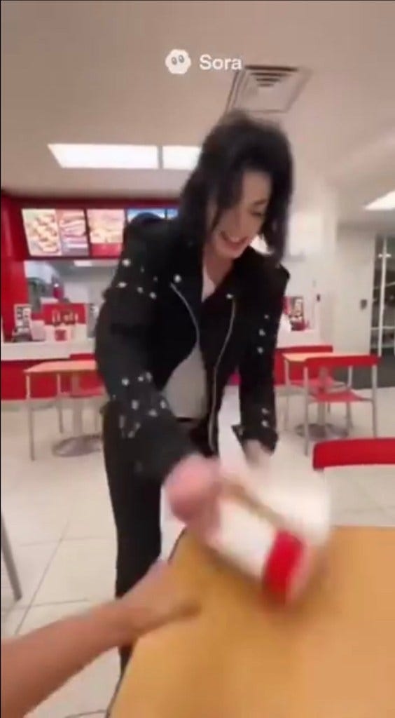 Michael Jackson-like figure stealing a bucket of chicken from a person's hand.