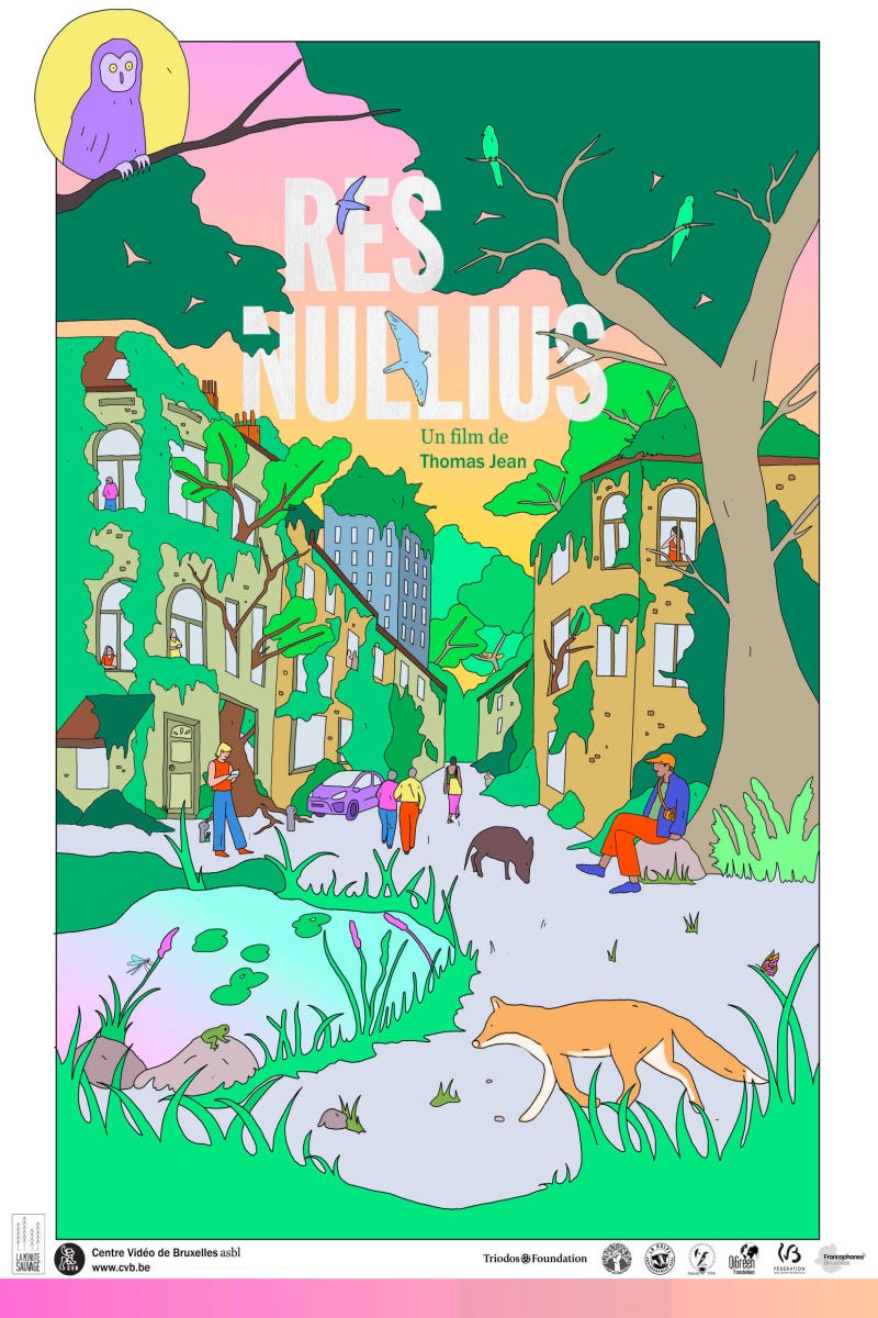 Affiche du film Res Nullius illustrée d'un dessin de parc habité par des animaux sauvages et des humains à peu près apprivoisés