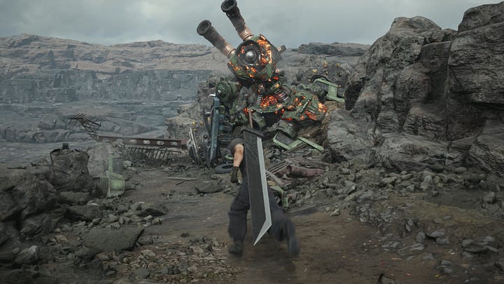 Comparison between Remake's M.O.T.O.R. expressway chase end boss and its wreckage in the sector 5 outskirts in Rebirth's prologue.