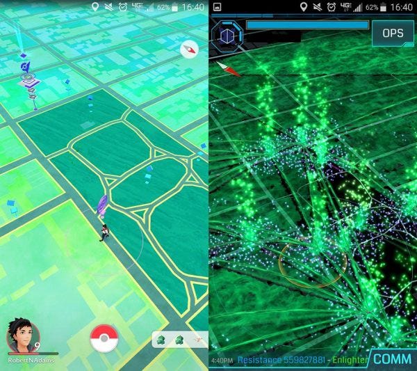 透過相同位置比較兩個遊戲,可以注意到《Ingress》的 Portal 並沒有完全反映在《Pokemon Go》上。 透過相同位置比較兩個遊戲,可以注意到《Ingress》的 Portal 並沒有完全反映在《Pokemon Go》上。