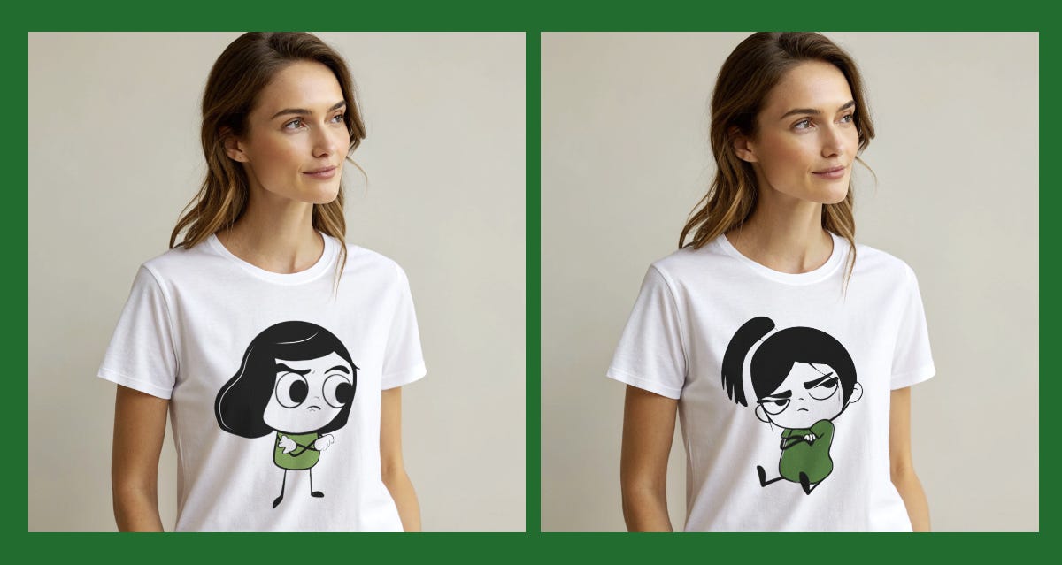 Side-by-side product images by Karo Zieminski for Product with Attitude showing white T-shirts featuring minimalist stick-figure illustrations, including a thoughtful character and a sarcastic eye-roll pose, representing the publication’s visual identity and humor. Side-by-side product images by Karo Zieminski for Product with Attitude showing white T-shirts featuring minimalist stick-figure illustrations, including a thoughtful character and a sarcastic eye-roll pose, representing the publication’s visual identity and humor.