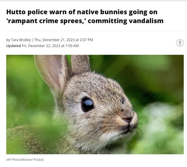 A photo of a bunny underneath the headline: “Hutton police warm of native bunnies going on rampant crime sprees,” committing vandalism. A photo of a bunny underneath the headline: “Hutton police warm of native bunnies going on rampant crime sprees,” committing vandalism.