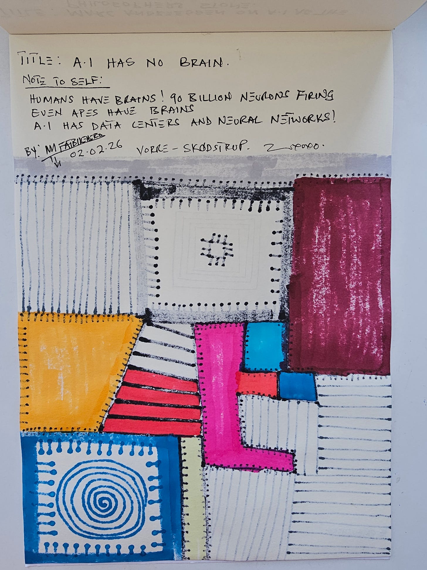 Handwritten text reading “A.I Has No Brain” explaining difference between human brains and AI data centers. Handwritten text reading “A.I Has No Brain” explaining difference between human brains and AI data centers.