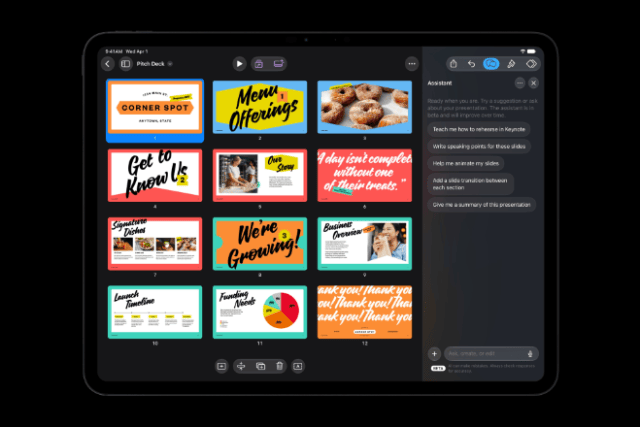 Keynote, Pages, and Numbers each introduce an intelligent assistant that understands document context, helping users accomplish more without leaving their work.
