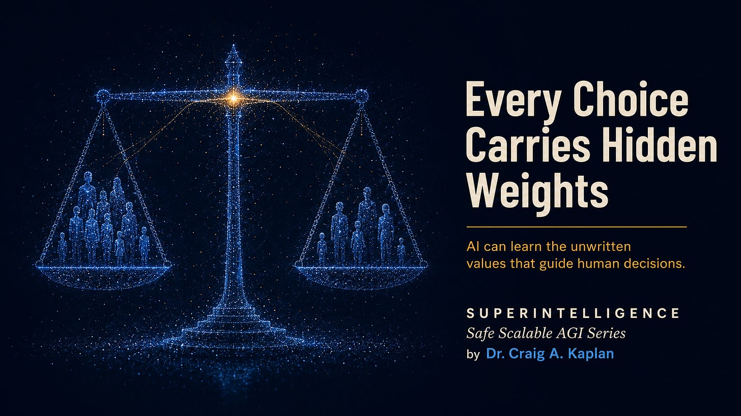 A level balance scale made of glowing blue particles weighing two groups of human figures, with a single amber point of light at its center, on a dark field.