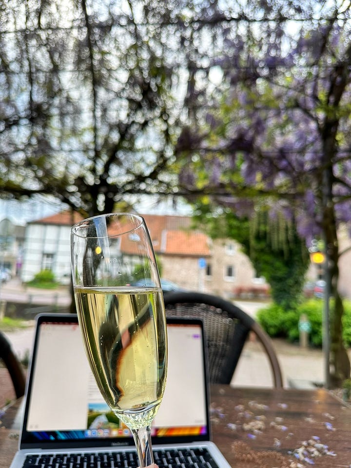 Een kersenboom in bloei, een smal wandelpad tussen weilanden in de heuvels, een e-reader en een Apérol Spritz in een gezellig huiskamercafé, een glas cava op een terras onder blauwe regen.