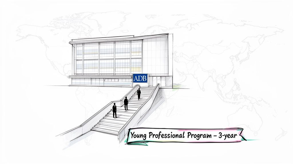 Sketch of ADB building with people ascending stairs towards a 3-year Young Professional Program. Sketch of ADB building with people ascending stairs towards a 3-year Young Professional Program.