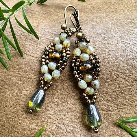 Handmade bead-weaving jewelry gallery featuring artisan earrings, necklaces, and bracelets crafted with seed beads, gemstones, and intricate woven patterns — unique handcrafted gifts by Bunny Chafowitz