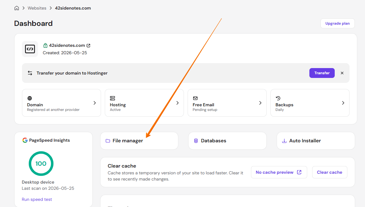 Screenshot of site's dashboard at Hostinger