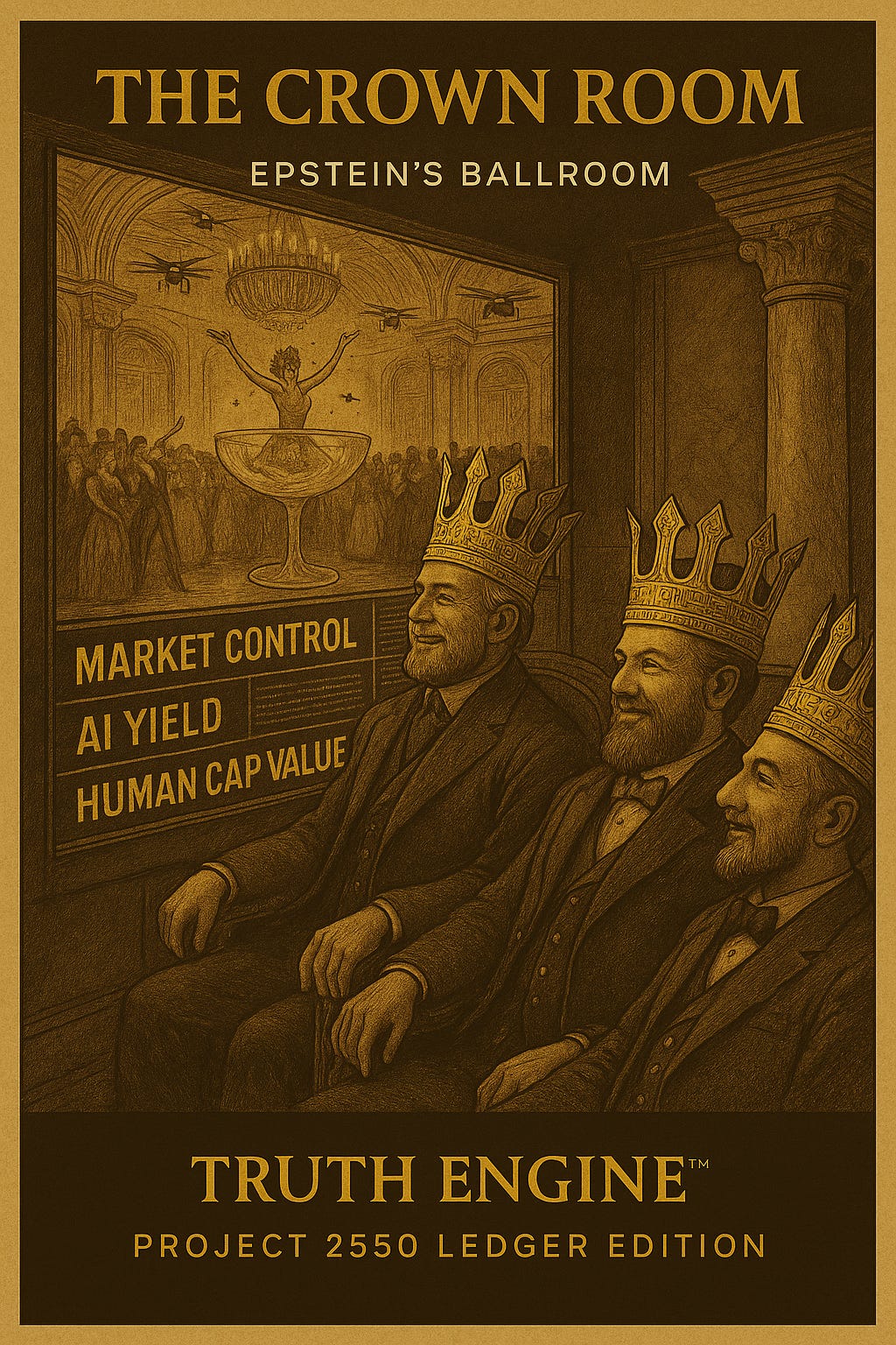 In a marble control room lit by monitor glow, crowned tech magnates watch the upper-world party unfold on screens. Their reflections shimmer across cables and gold trim.