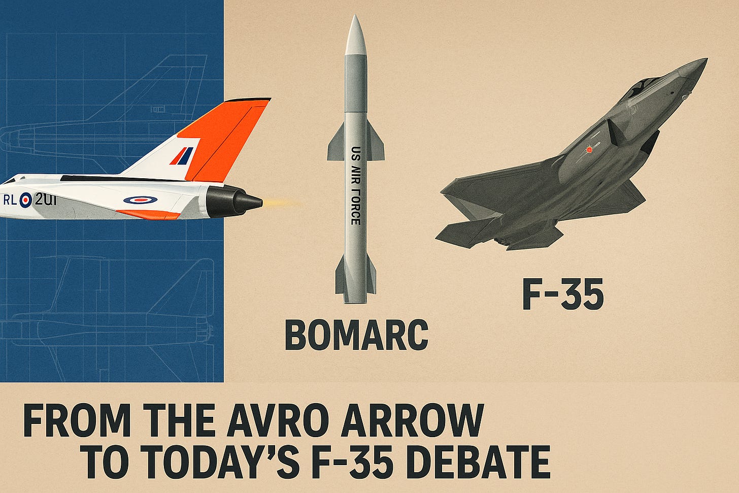 A digital triptych graphic showing Canada’s military procurement evolution. On the left, the Avro Arrow fighter jet flies against a blueprint background. In the center, a vertical U.S. Bomarc missile is labeled “US AIR FORCE.” On the right, a modern F-35 jet climbs at an angle. Below, bold text reads: “From the Avro Arrow to Today’s F-35 Debate.” A digital triptych graphic showing Canada’s military procurement evolution. On the left, the Avro Arrow fighter jet flies against a blueprint background. In the center, a vertical U.S. Bomarc missile is labeled “US AIR FORCE.” On the right, a modern F-35 jet climbs at an angle. Below, bold text reads: “From the Avro Arrow to Today’s F-35 Debate.”