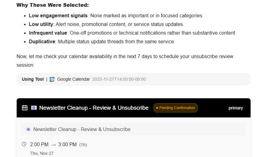 Screenshot of Genspark AI workflow showing newsletter cleanup summary and scheduled unsubscribe review event, highlighting new Genspark automation and productivity features