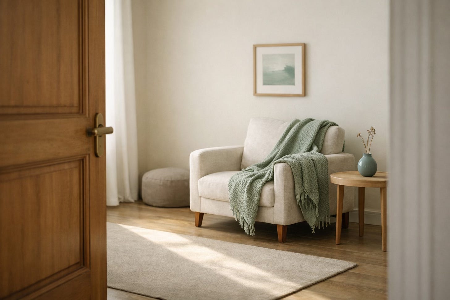 Soft light through a partially open doorway, representing a careful transition toward support and steadiness.