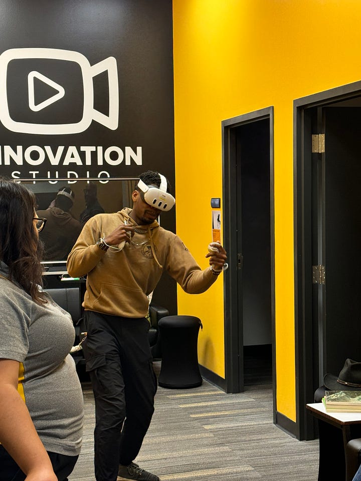 This is a gallery of 4 images of different students and staff wearing the Meta Quest 3's in the Colab doing different games/acitvites