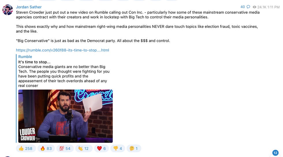 Steven Crowder just put out a new video on Rumble calling out Con Inc. - particularly how some of these mainstream conservative media agencies contract with their creators and work in lockstep with Big Tech to control their media personalities. This shows exactly why and how mainstream right-wing media personalities NEVER dare touch topics like election fraud, toxic vaccines, and the like. "Big Conservative" is just as bad as the Democrat party. All about the $ and control. Steven Crowder just put out a new video on Rumble calling out Con Inc. - particularly how some of these mainstream conservative media agencies contract with their creators and work in lockstep with Big Tech to control their media personalities. This shows exactly why and how mainstream right-wing media personalities NEVER dare touch topics like election fraud, toxic vaccines, and the like. "Big Conservative" is just as bad as the Democrat party. All about the $ and control.