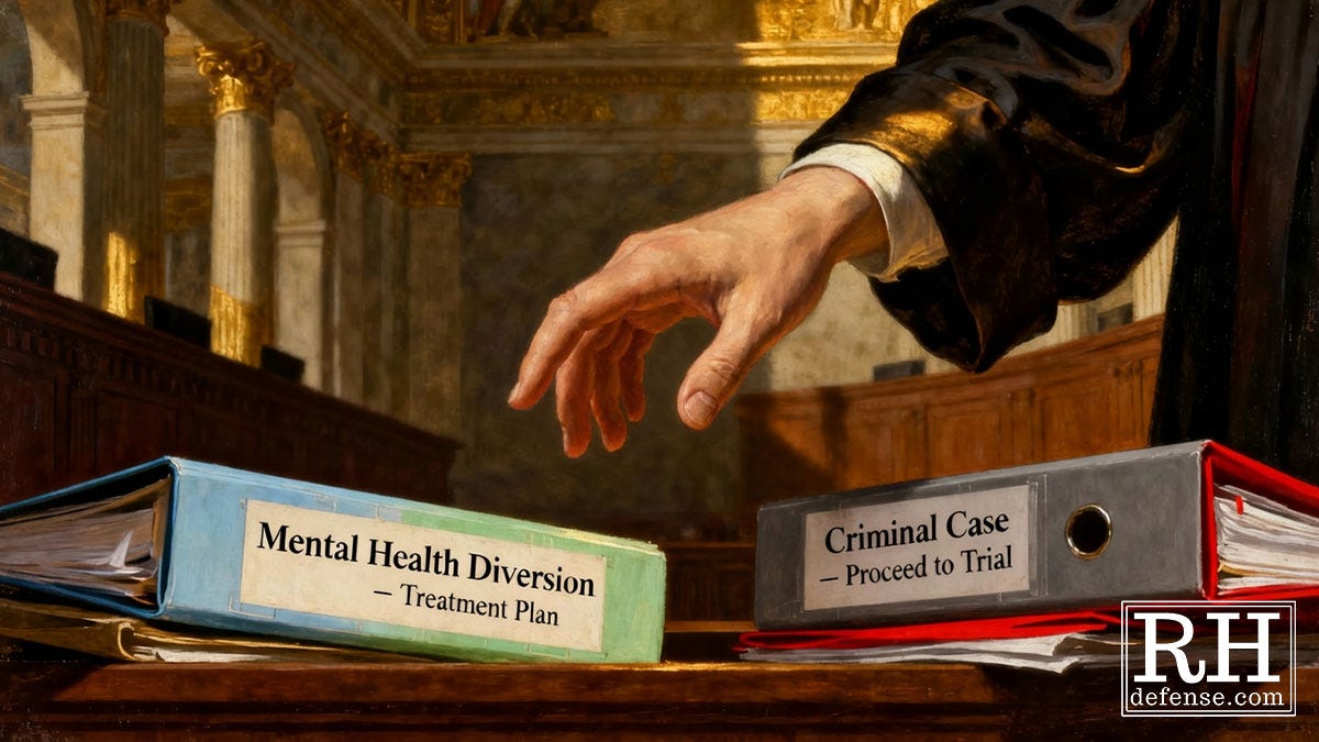 A judge’s hand hovers between two thick binders on the bench inside a courtroom. One binder is labeled “Mental Health Diversion — Treatment Plan” and the other is labeled “Criminal Case — Proceed to Trial.” The judge appears to hesitate, symbolizing the tension between treatment and punishment in mental-health–related criminal cases.