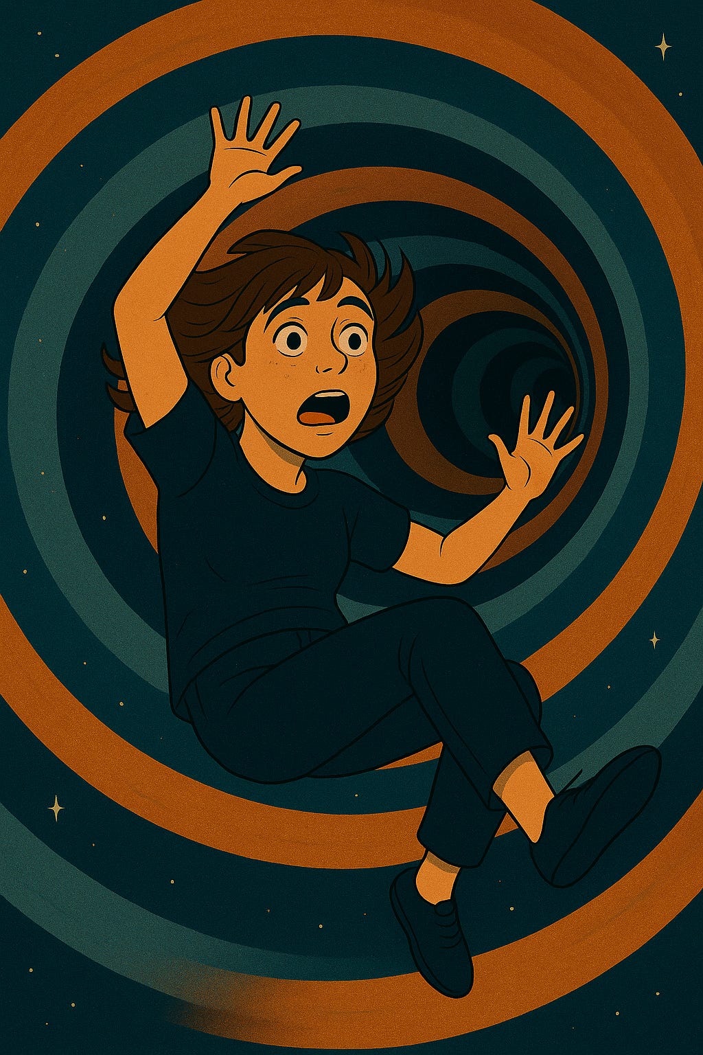 A stylized digital illustration of a woman with short brown hair and a startled expression, tumbling backward into a swirling orange and teal vortex set against a starry background.