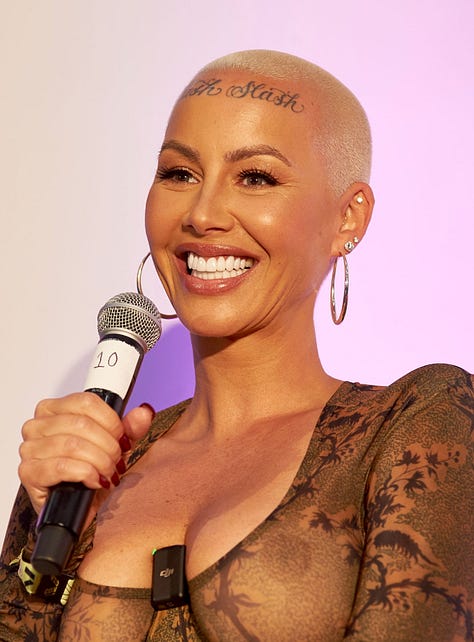Amber Rose with a blonde buzzcut holding a microphone, Ava Black with a blonde buzzcut posing in a black string bikini