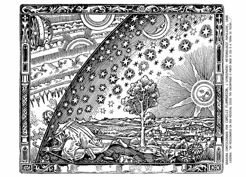 Gravura encomendada por Flammarion para seu livro A Atmosfera. Meteorologia popular, de 1888. Legenda: “Um missionário da era medieval disse ter encontrado o ponto onde o céu e a terra se tocam”. Gravura encomendada por Flammarion para seu livro A Atmosfera. Meteorologia popular, de 1888. Legenda: “Um missionário da era medieval disse ter encontrado o ponto onde o céu e a terra se tocam”.