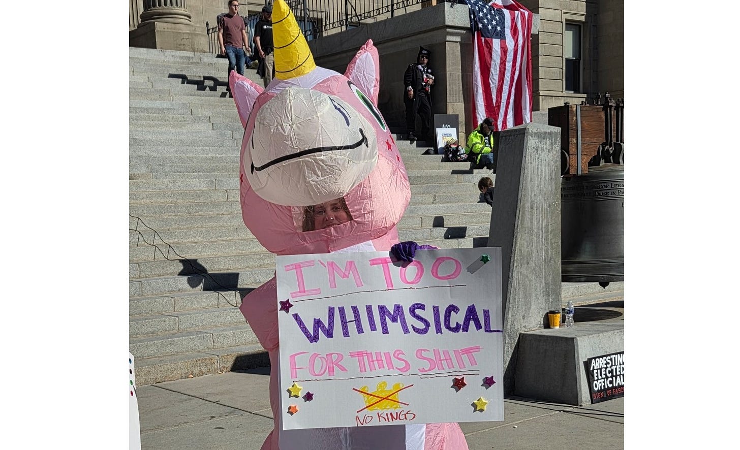 Photo of a woman in an inflatable pink unicorn costume at the Idaho Capitol. She carries a sign reading 'I'm too whimsical for this shit / No Kings' Photo of a woman in an inflatable pink unicorn costume at the Idaho Capitol. She carries a sign reading 'I'm too whimsical for this shit / No Kings'
