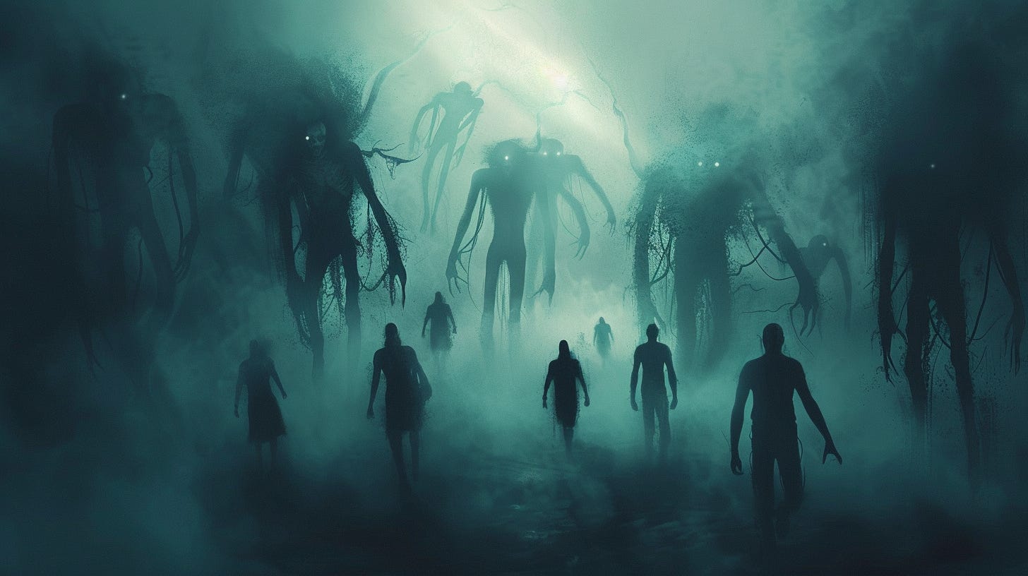 Dark illustration of monstrous creatures emerging from the shadows of human consciousness