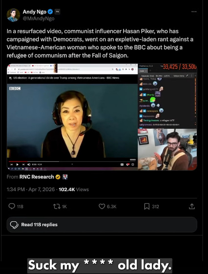 Lawmaker calls out Piker's profane tirade against Vietnamese refugee
