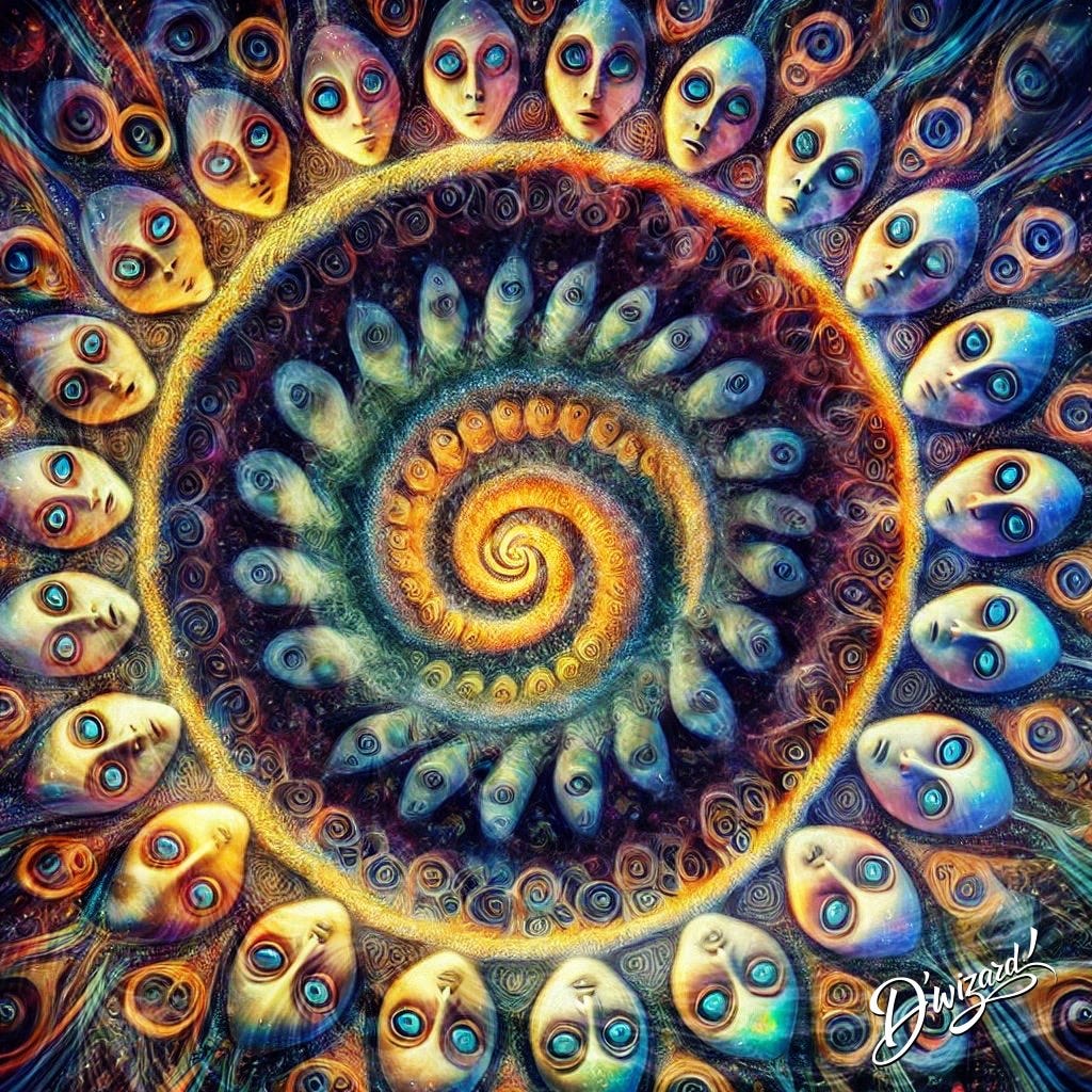 A SPECTRAL WORM-STAR SPIRALLING OVER AN OCEAN OF KALEIDOSCOPIC ALIEN FACES, THEIR EYES GAZING DIRECTLY INTO YOUR SOUL. IF YOU KNOW, YOU KNOW. A SPECTRAL WORM-STAR SPIRALLING OVER AN OCEAN OF KALEIDOSCOPIC ALIEN FACES, THEIR EYES GAZING DIRECTLY INTO YOUR SOUL. IF YOU KNOW, YOU KNOW.