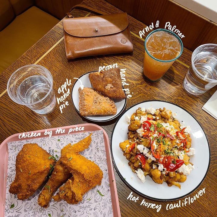 Honeymoon Chicken Crispy Fried Chicken, Hot Honey Cauliflower, Arnold Palmer, hand pies