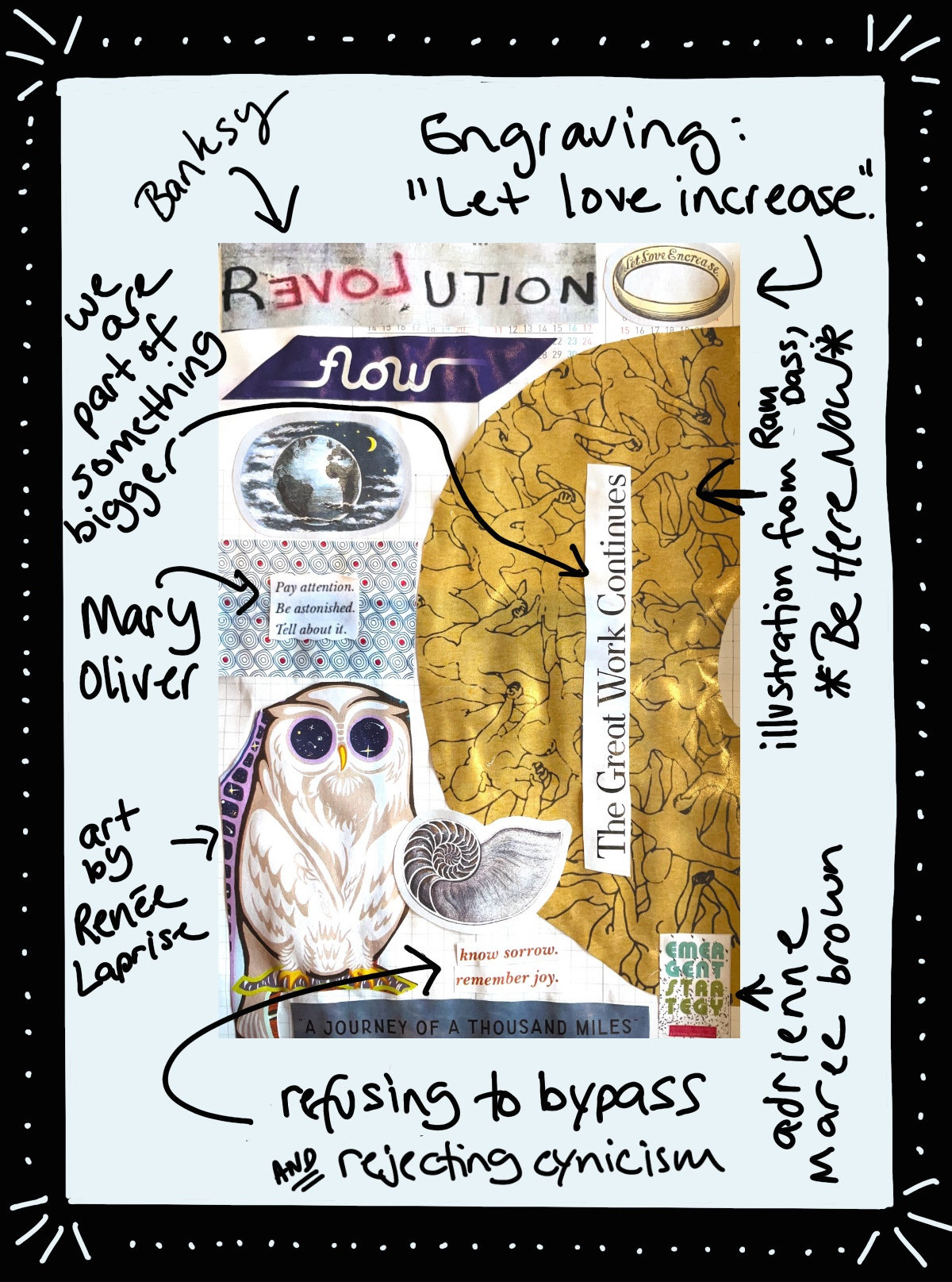 annotated version of journal spread, citing Banksy, Mary Oliver, Renée Laprise, adrienne maree brown, and Ram Dass.
