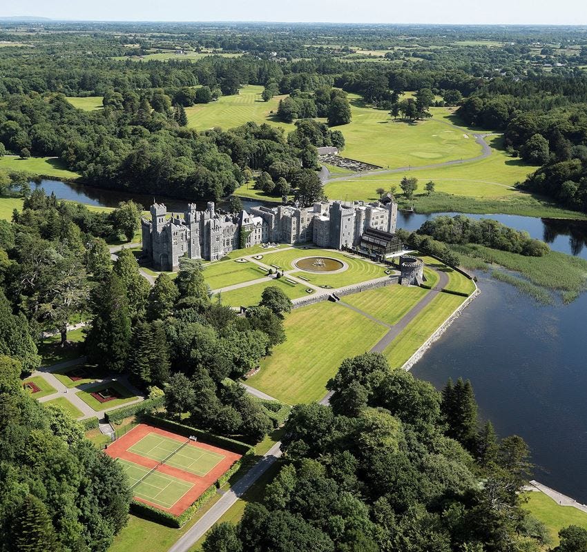Exterior of Ashford Castle hotel located in Ireland
