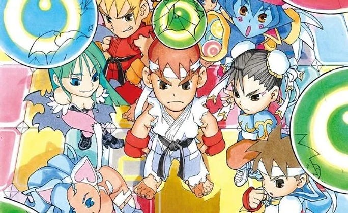 Stylized cartoon characters in fighting stances on a colorful grid background. Bright colors and dynamic poses create an intense mood.