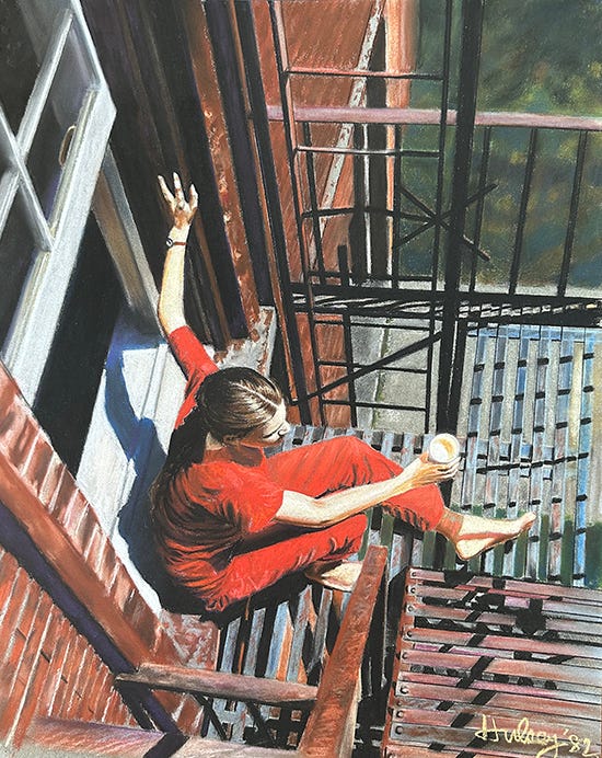 Anna on Fire Escape, Pastel, 16 x 25", © J.M. Hulsey Anna on Fire Escape, Pastel, 16 x 25", © J.M. Hulsey