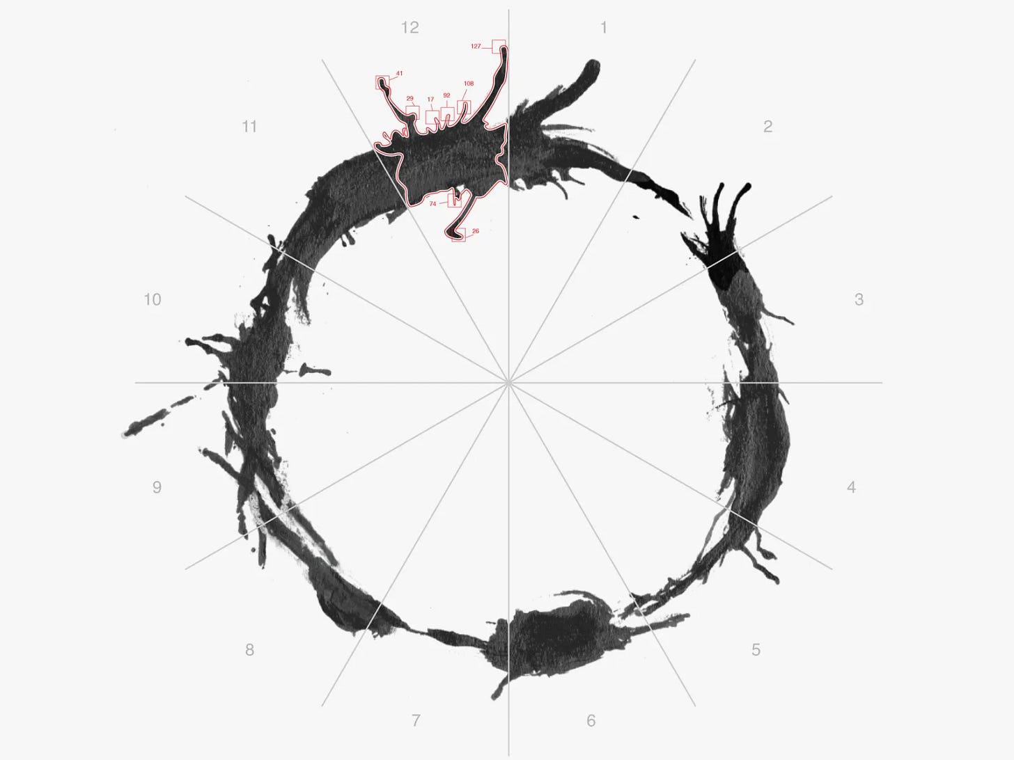 A photo of the logogram that the fictional alien characters of the movie Arrival are using as their writing language. The logogram is circular and seems to be divided in different segments on the image.