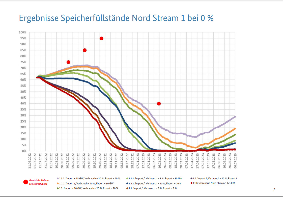 Scenario 1 (0% Nord Stream Gas) model showing that none of the possible consumption saving scenarios reach the targets