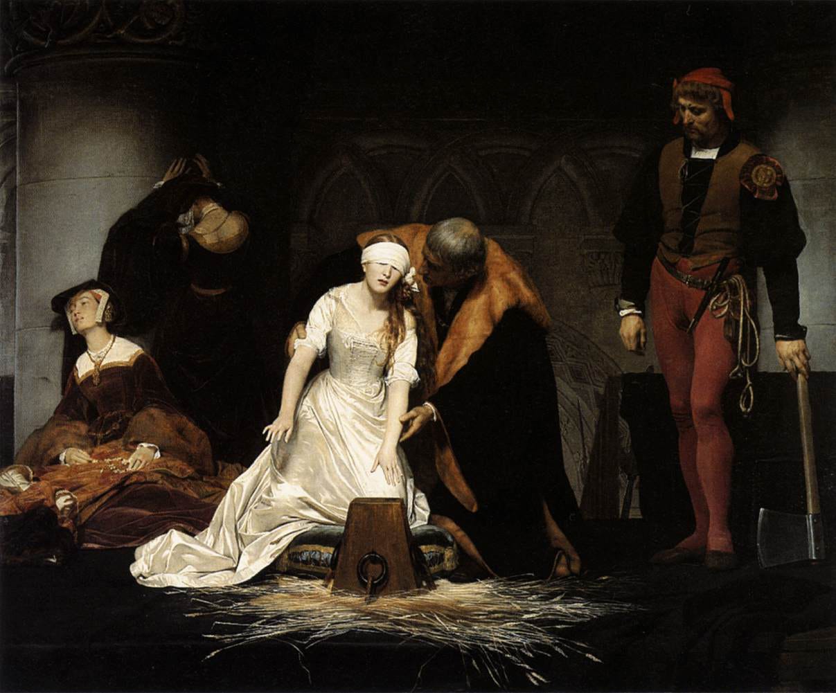 A blindfolded young queen gropes for the block while her weeping ladies turn away A blindfolded young queen gropes for the block while her weeping ladies turn away