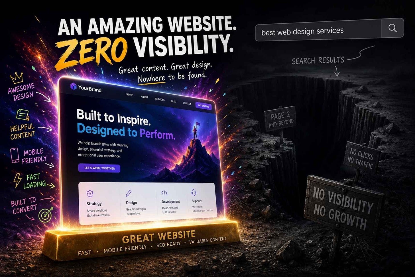 Organic search engine optimization services concept — a great-looking website with zero visibility in search and answer engines.