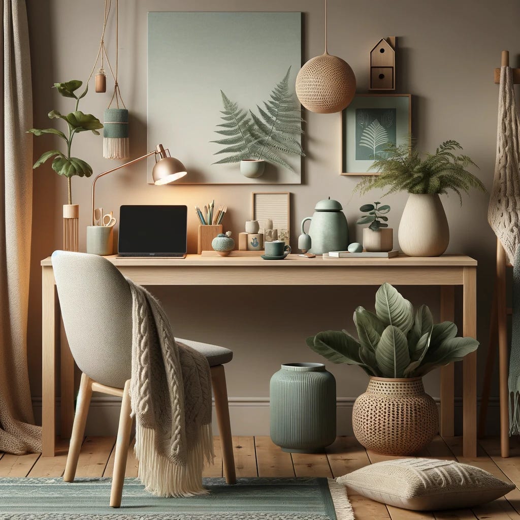 Refine the home workspace design further by minimizing the number of plants even more, while keeping the hygge concept and teal color accents. The workspace should feature only one elegant plant, adding a subtle touch of greenery. The setting remains cozy with warm lighting, a comfortable chair draped with a cozy blanket, and a minimalist wooden desk. On the desk, place a sleek laptop, a ceramic mug with a warm beverage, and a small notebook. The color scheme should be a blend of soft neutrals with hints of teal for a calming effect. A knitted throw blanket and a woven rug should add texture and warmth to the space, and the lighting should be soft, creating an inviting atmosphere. This design focuses on simplicity and tranquility, embodying a serene workspace with minimal distractions.