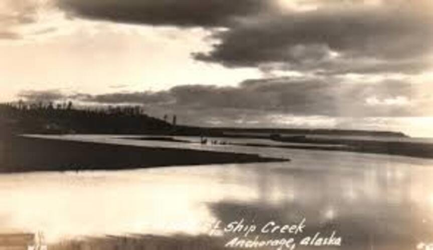 Mouth of Ship Creek in Alaska before Anchorage, circa 1915. Mouth of Ship Creek in Alaska before Anchorage, circa 1915.
