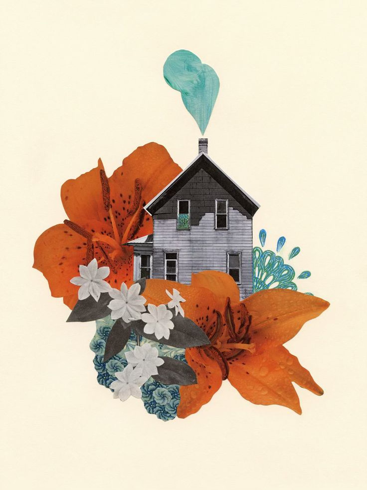A collage featuring a gray house surrounded by vibrant orange lilies, white flowers, and teal floral patterns. A teal heart-shaped puff of smoke rises from the chimney, set against a cream background.