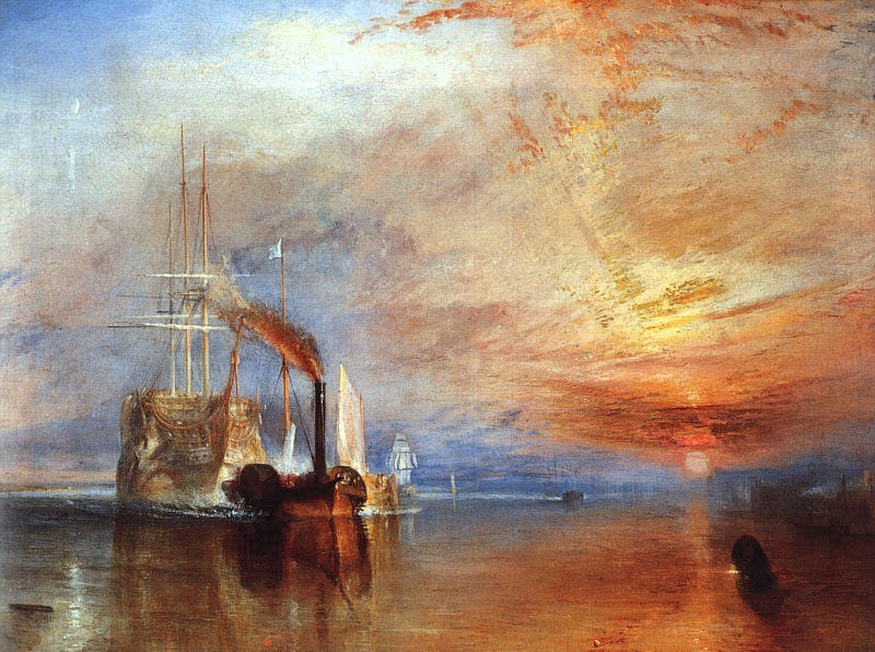 A ghostly white warship is towed by a dark steam tug beneath a blazing golden sunset A ghostly white warship is towed by a dark steam tug beneath a blazing golden sunset