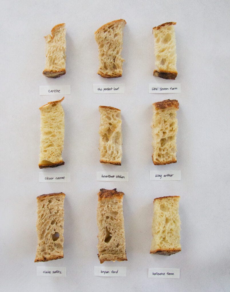 9 slices of sourdough on a gray background.